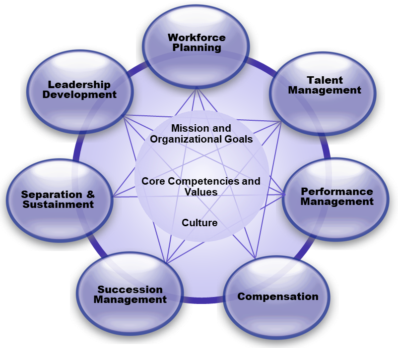 Circular diagram depicting 7 circles Workforce Planning, Talent and performance management, compensation, succession Management, Seperation & Sustainment and leadership development interconnected with Mission and Organizational Goals, Core Compencies and Vales, Culture.